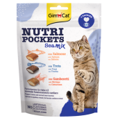 Хрупкави лакомства за котки GIMCAT Nutri Pockets Sea Mix джобчета с кремообразен пълнеж от сьомга, пъстърва и скариди 150гр.